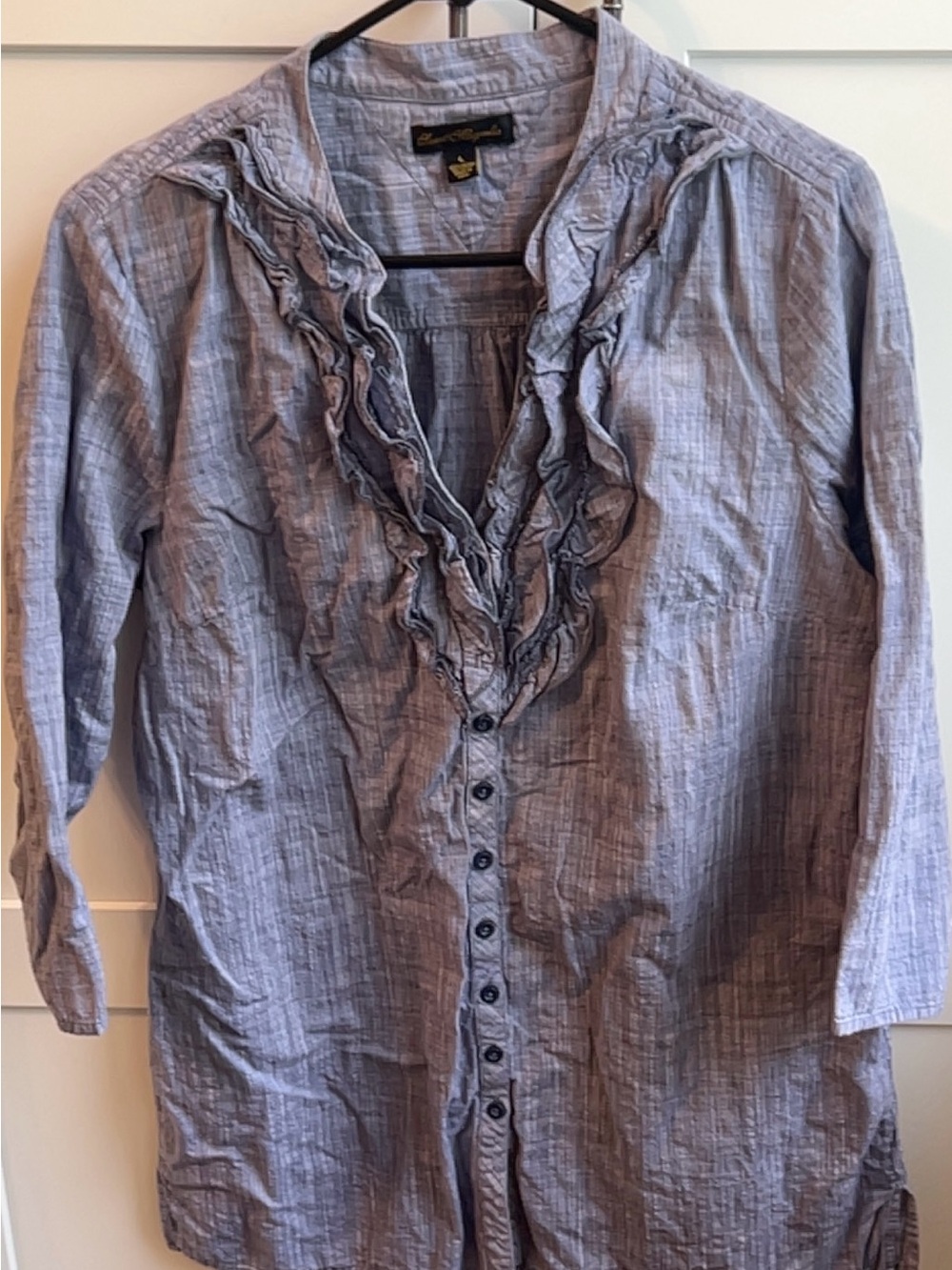 Ruffled V‑Neck Button Down blouse Chambray cotton